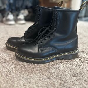 Dr. Martens Black Leather Lace-Up Boots with Yellow Stitching